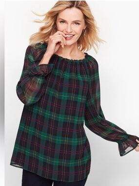 Talbots Plus Tartan Plaid Bell Sleeve Top Women’s 2X Blouse Navy Green Ruffle